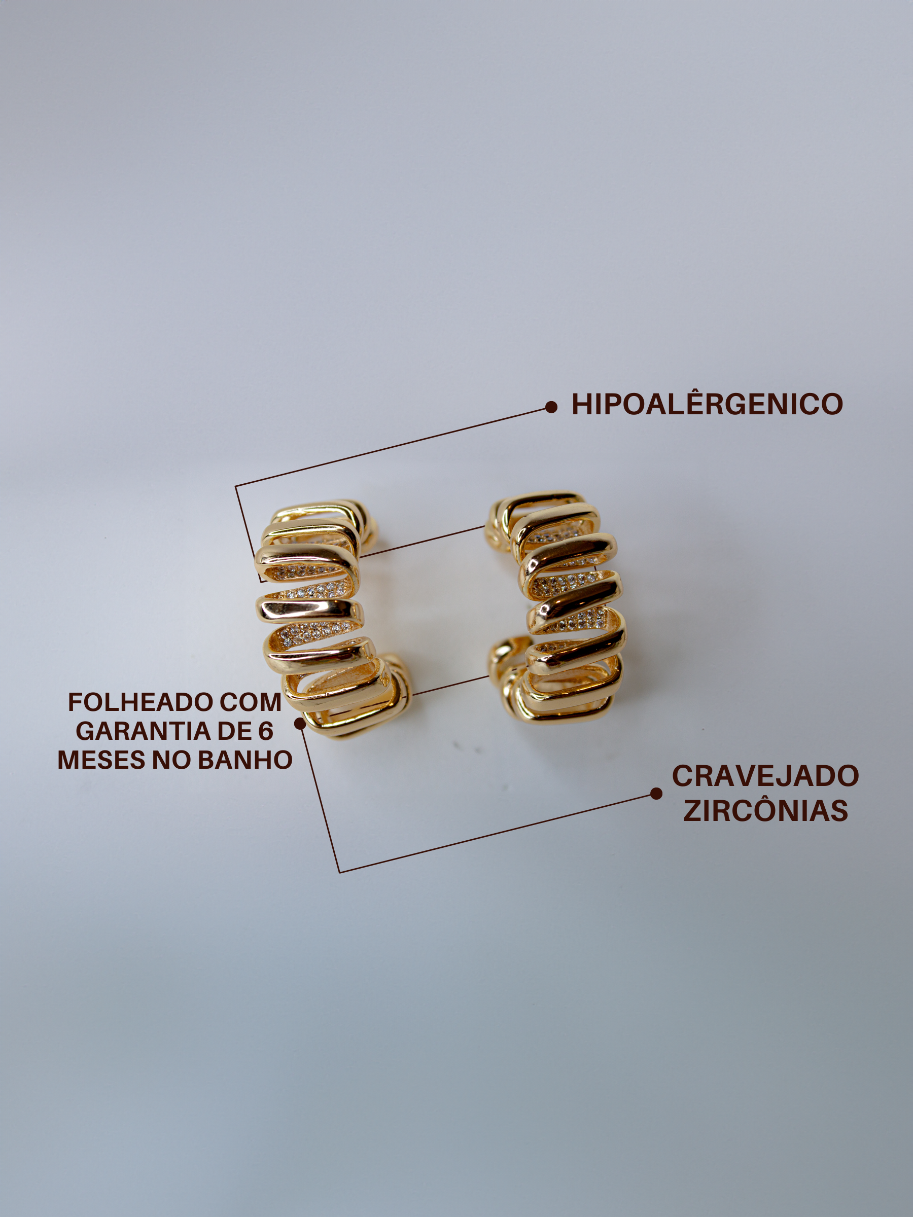 Brinco Folheado - Meia Argola Espiral | Ouro 18k e Cravejado Interno